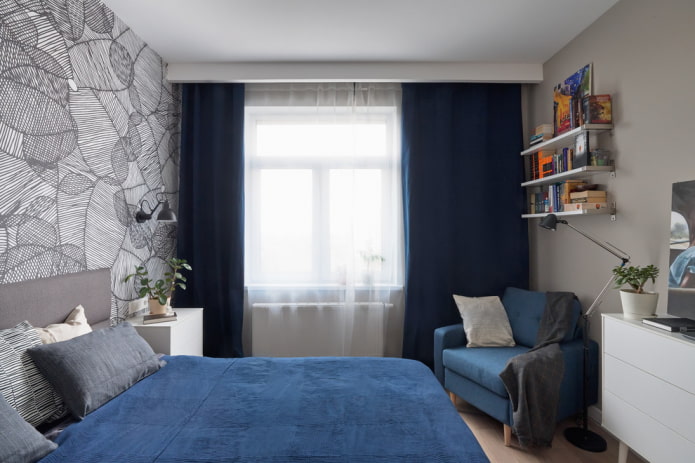 gråblå sovrum design
