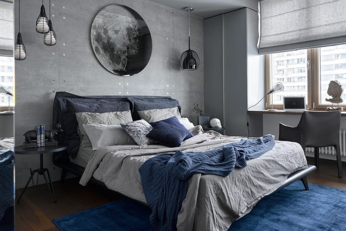 การออกแบบห้องนอนสีเทาสีน้ำเงิน