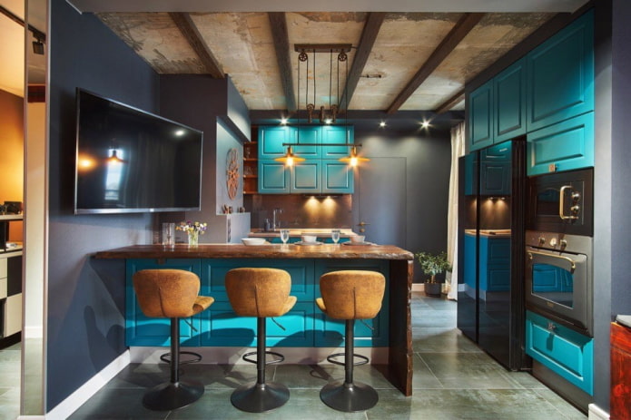 turquoise loft style kitchen