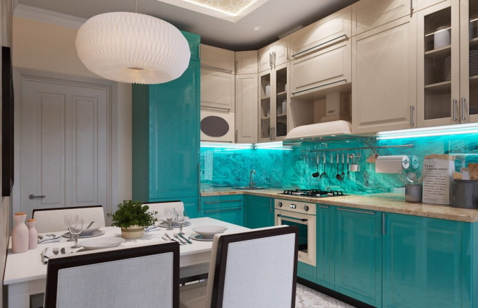 kitchen design in beige and turquoise tones