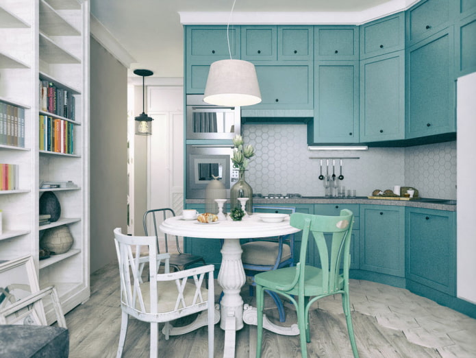 baldai ir reikmenys turkio spalvos virtuvėje