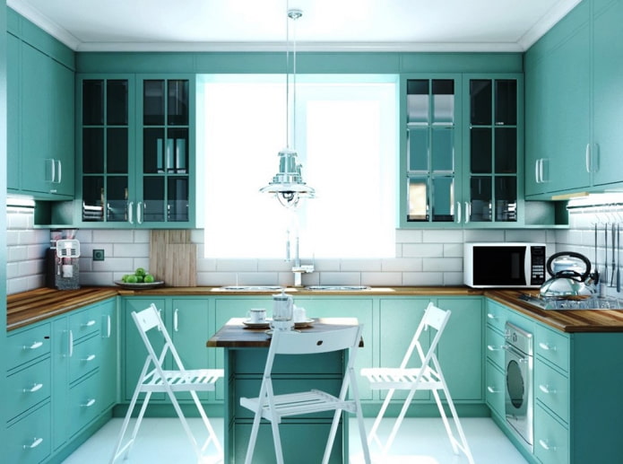 furnishings and appliances in the turquoise kitchen