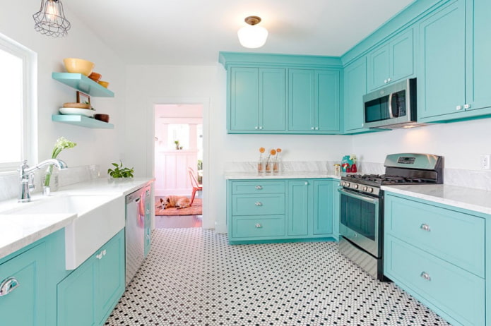 white and turquoise kitchen interior