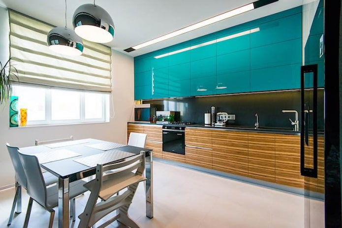 turquoise brown kitchen interior