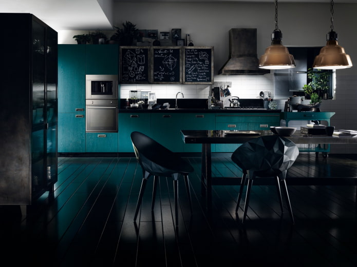 interiorul bucătăriei negre și turcoaz