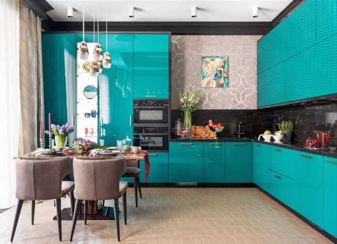 dalaman dapur hitam dan turquoise