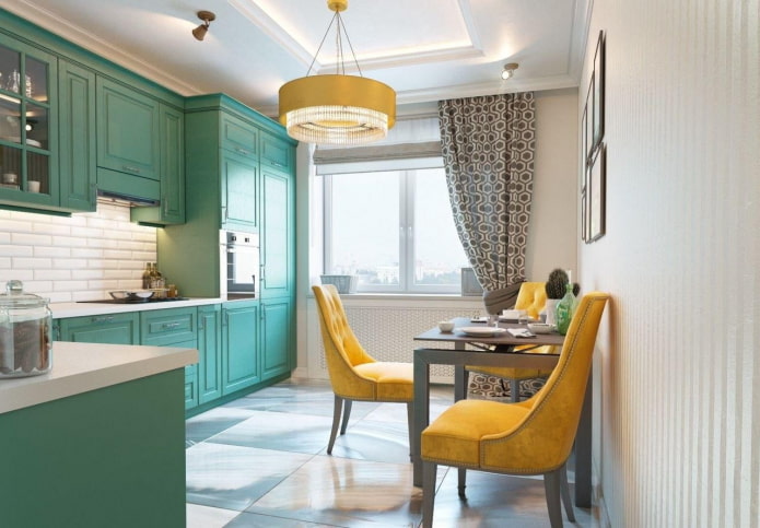 dapur turquoise dengan aksen yang terang