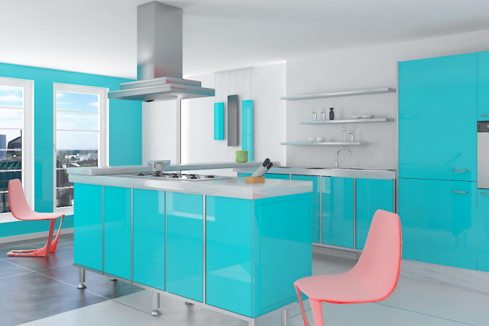 dapur turquoise dengan aksen yang terang