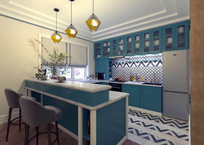 decor și materiale textile în interiorul bucătăriei în culori turcoaz