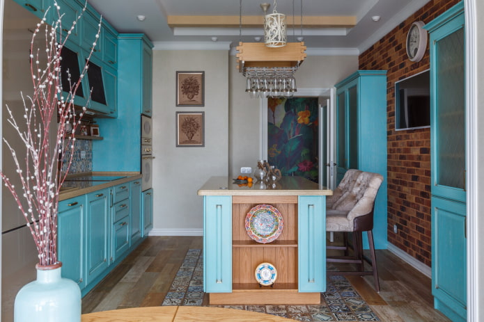 decor and textiles in the interior of the turquoise-colored kitchen