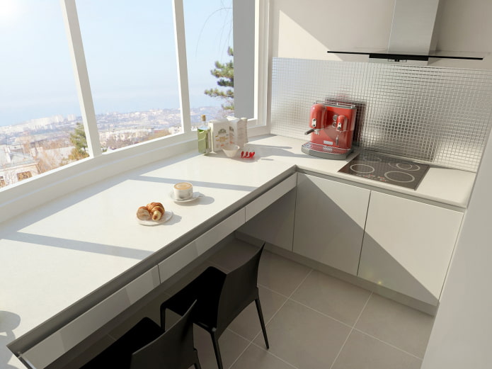 virtuves dizains ar ēdamistabas zonu uz balkona