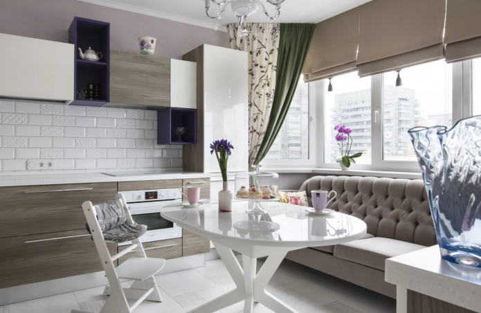 sofa in the interior of the kitchen with an area of ​​10 square meters