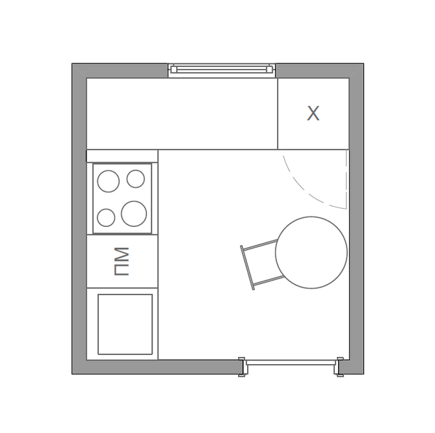 layout of the kitchen with an area of ​​5 sq m