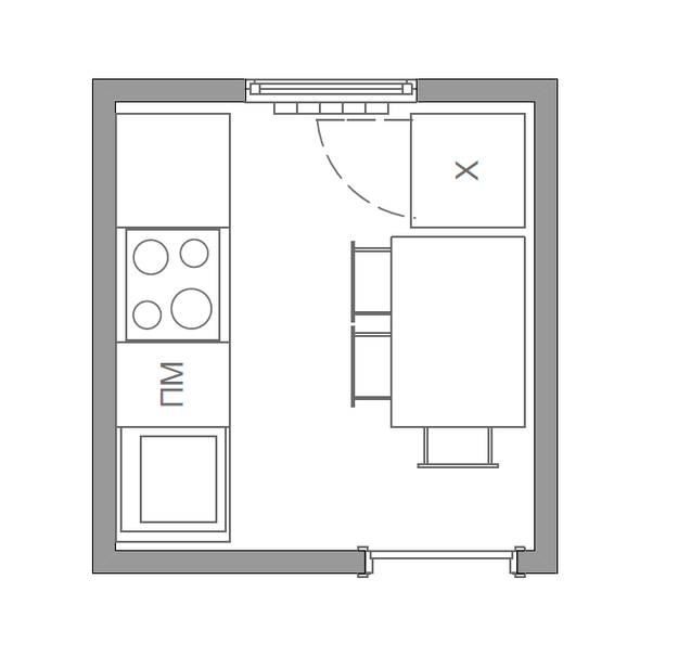 layout della cucina con una superficie di 5 mq