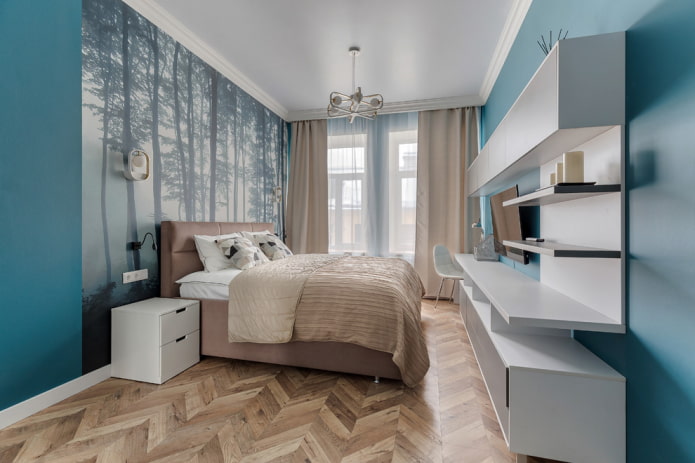 Interior dormitori beix i turquesa