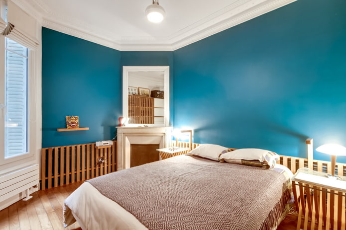 turkusowe brązowe wnętrze sypialni