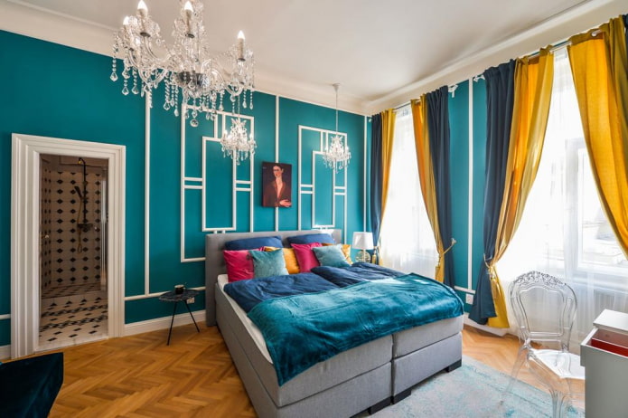 טקסטיל ועיצוב בחדר השינה בצבע טורקיז