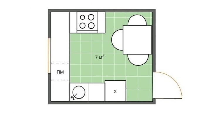 négyzet alakú konyha 7 négyzetméter
