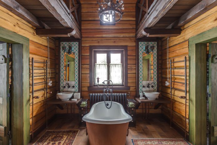 wooden bathroom with wrought iron elements