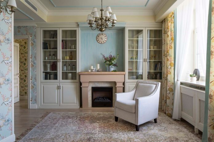 living room in beige and blue tones
