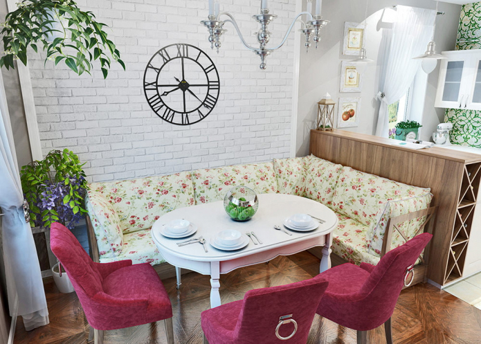küçük bir Provence tarzı mutfak-oturma odası tasarımı