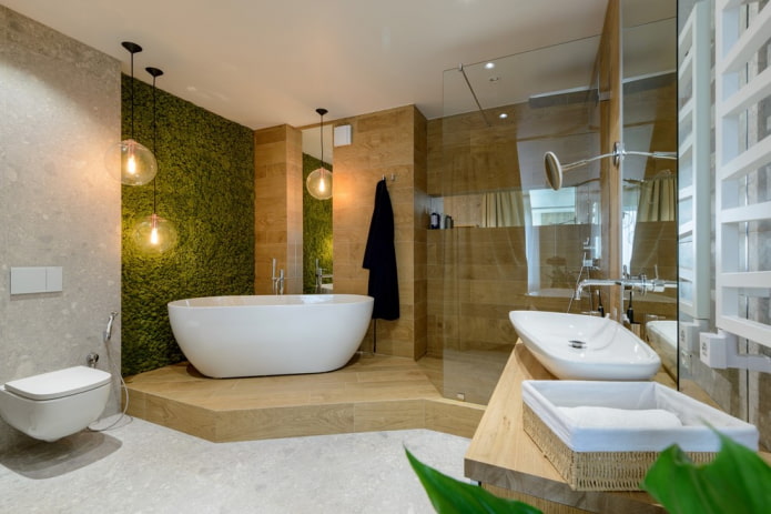 salle de bain spacieuse de style écologique
