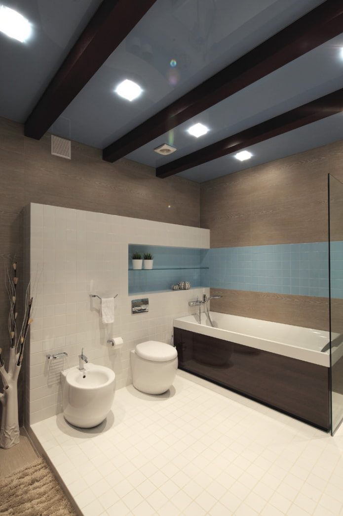suspended ceiling with beams in the bathroom