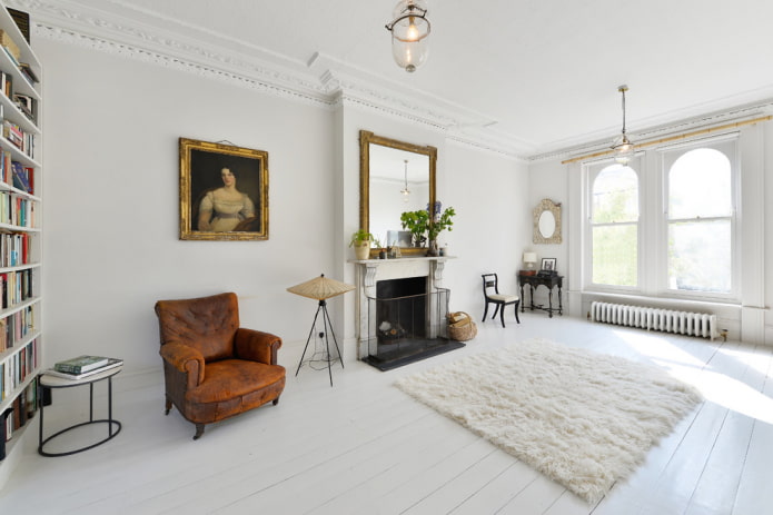 biela podlaha v interiéri obývacej izby