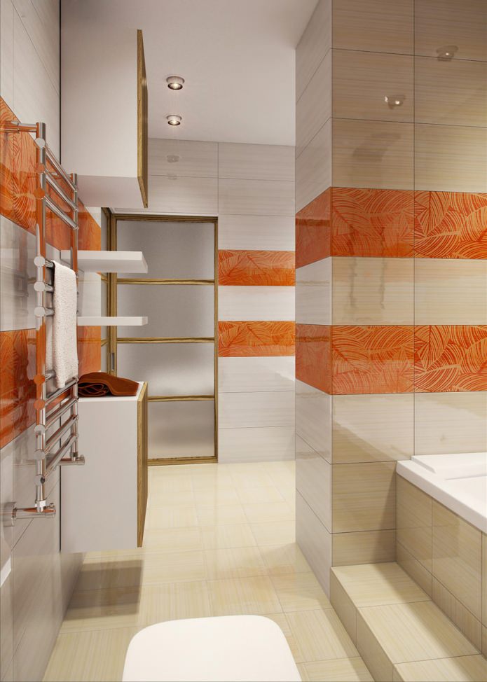 fehér és narancssárga fürdőszoba a lakás kialakításában 58 négyzetméter. m.