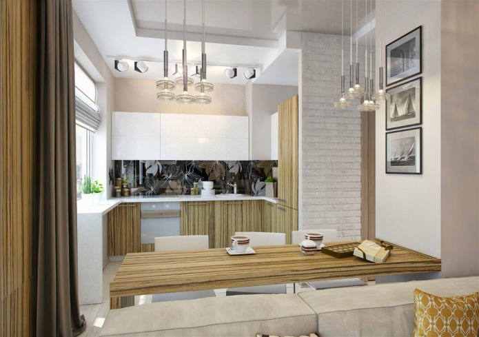 kitchen in the design of the apartment is 58 square meters. m