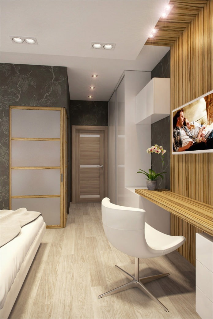 guļamistaba ar darba vietu dzīvokļa dizainā ir 58 kvadrātmetri. m
