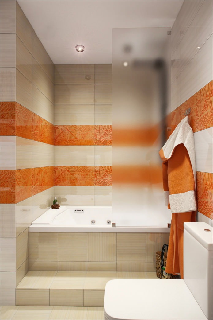 biało-pomarańczowa łazienka w projekcie mieszkania ma 58 metrów kwadratowych. m