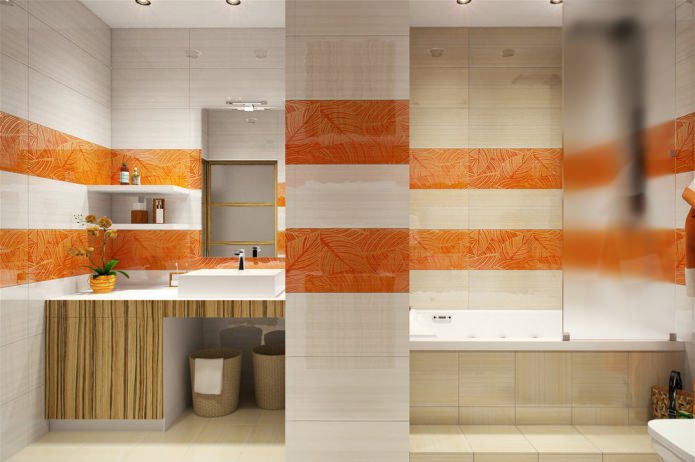 Valkoinen ja oranssi kylpyhuone asunnon suunnittelussa on 58 neliömetriä. m.