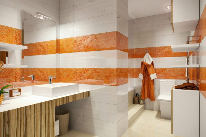 baltā un oranžā vannas istaba dzīvokļa dizainā ir 58 kvadrātmetri. m
