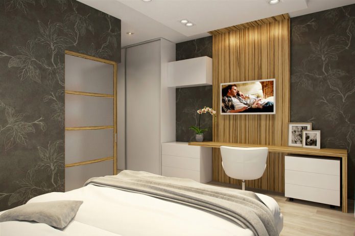 Dormitorio con un lugar de trabajo en el diseño del apartamento es de 58 metros cuadrados. m