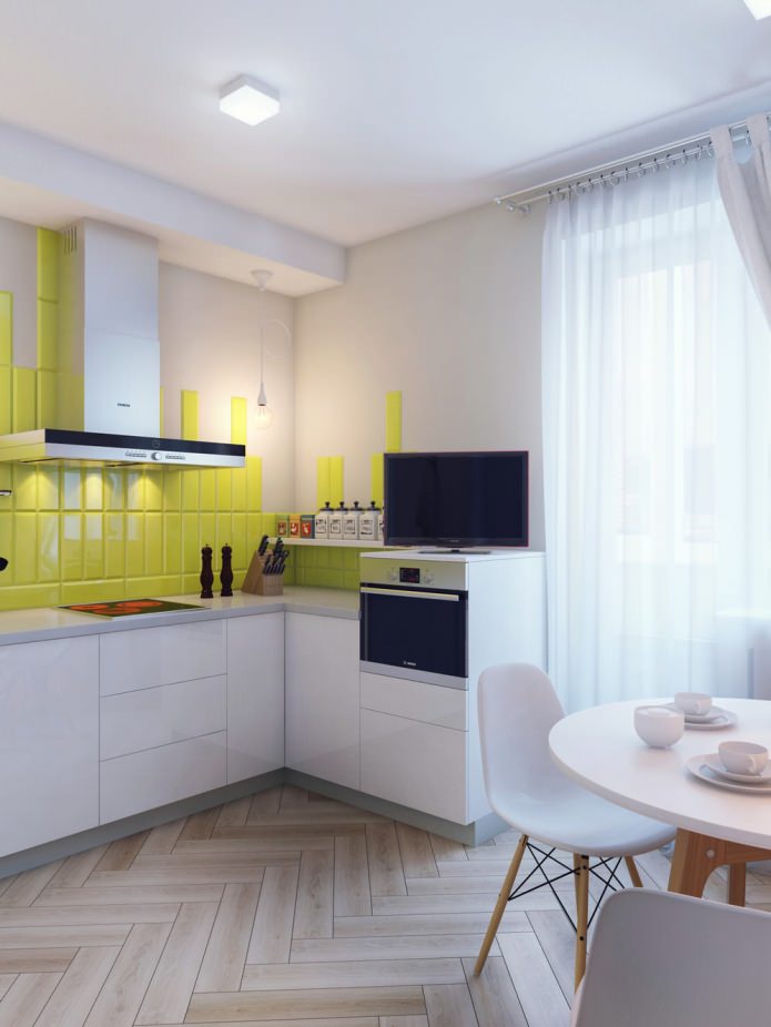 cuina en l’interiorisme d’un apartament d’una habitació de 37 metres quadrats. m