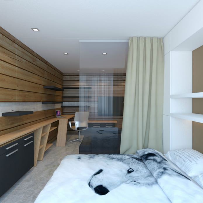 miegamasis pagal 33 kvadratinių metrų studijos tipo buto dizainą. m