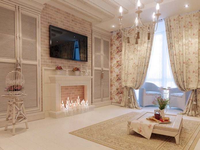Cihla v interiéru obývacího pokoje ve stylu provence