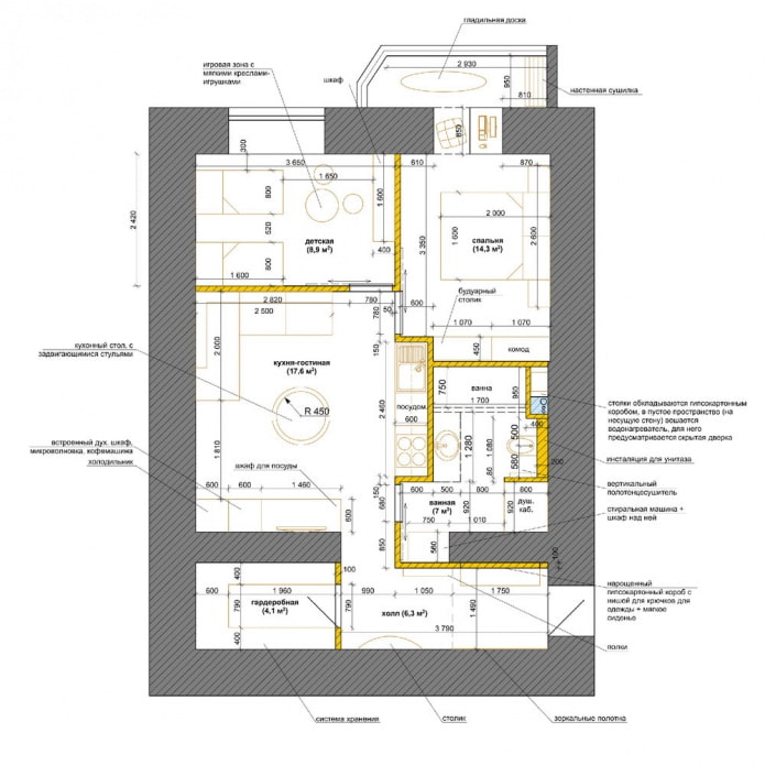 layout för en 3-rums lägenhet