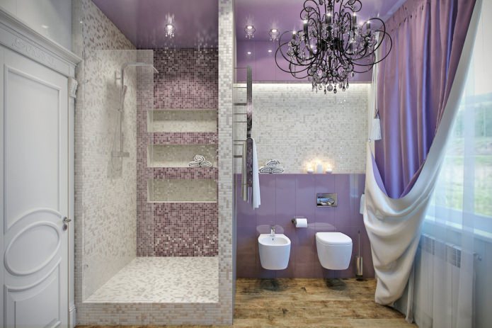 koupelna se sprchou v lila barvách