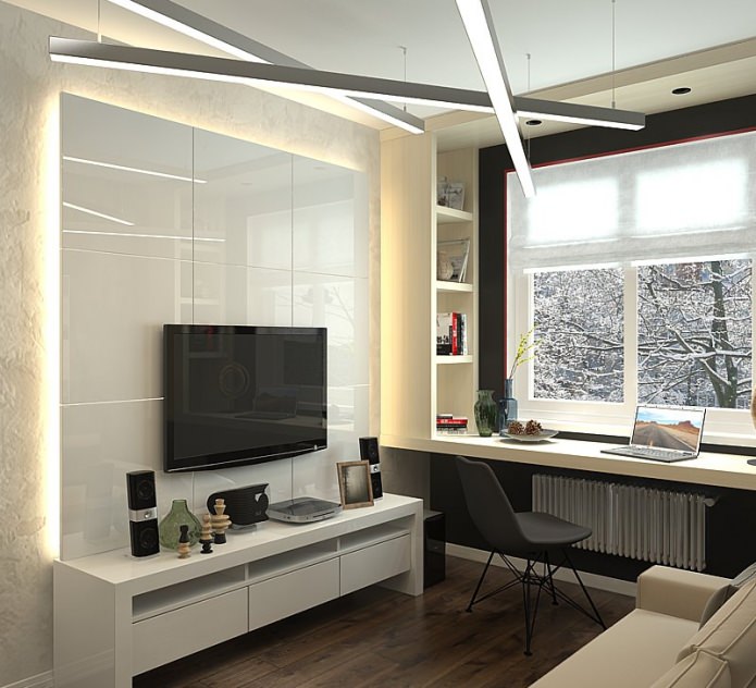 Sala de estar en el diseño del apartamento es de 63 metros cuadrados. m