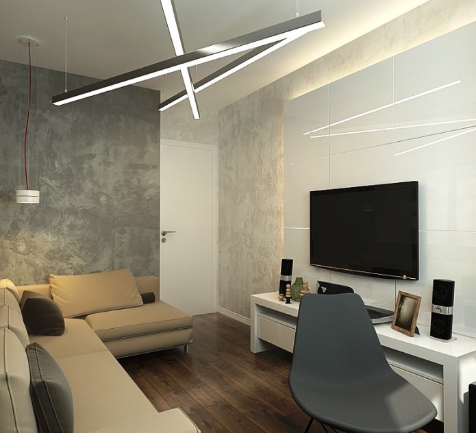 sala de estar no design de um apartamento de três quartos em uma casa-painel