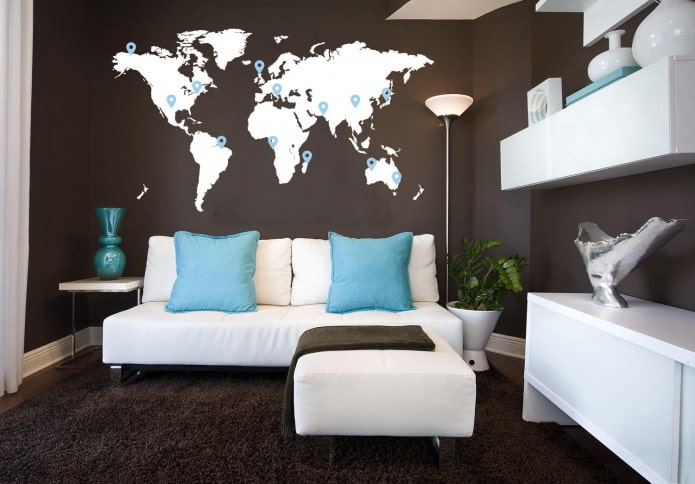 world map on the wall in the living room