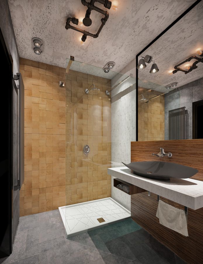 vonios kambarys mažo 48 kvadratinių metrų buto interjere. m