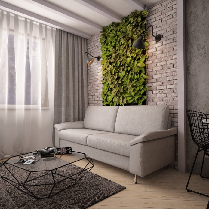 sofa i utformingen av leiligheten er 48 kvadratmeter. m.