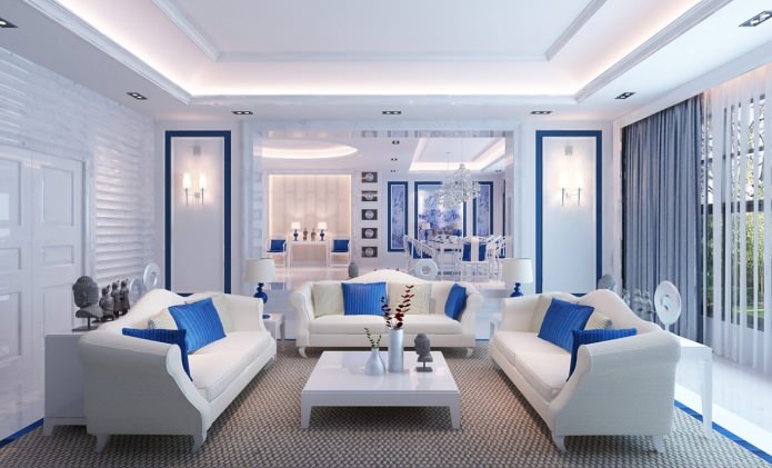 Mavi ve beyaz oturma odası