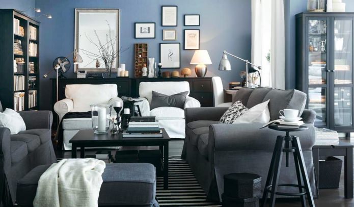 Phòng khách với tông màu xanh và xám