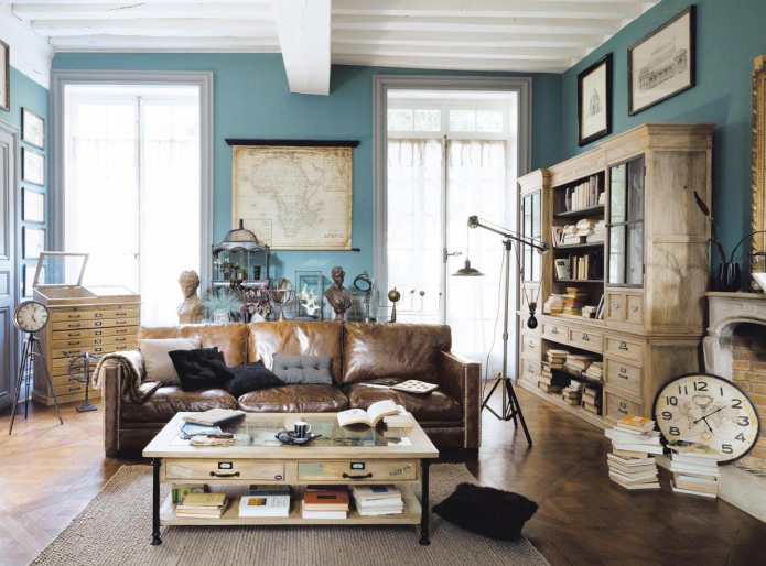 Obývacia izba v modro-hnedej farbe