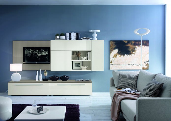 Obývací pokoj v modrých a šedých tónech