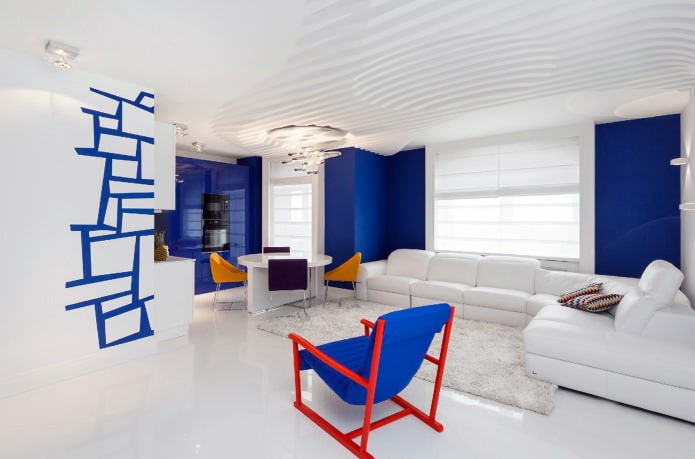 Living room in blue, white and red